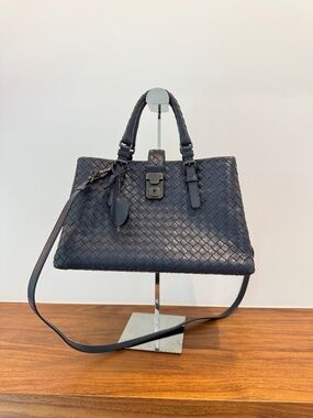 Bottega Veneta Intrecciato Roma Handbag in Navy Blue